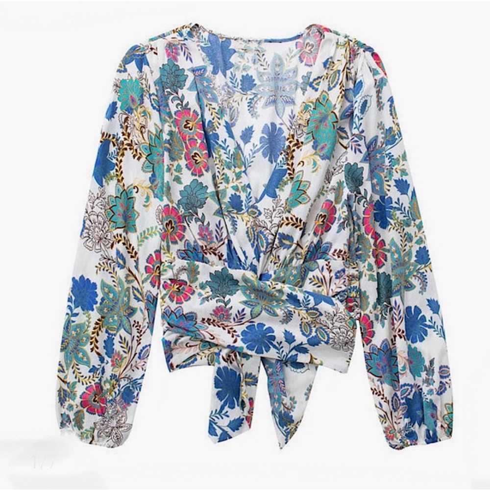 Zara Floral Tie-Front Blouse - Blue and White size XS NWT